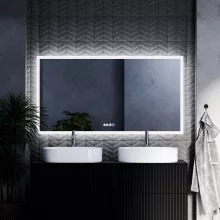 HD Verona 150 cm széles fali szögletes LED okostükör ambient világítással, érintőkapcsolóval, digitális órával és páramentesítő funkcióval