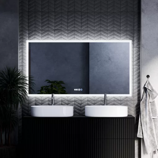 HD Verona 150 cm széles fali szögletes LED okostükör ambient világítással, érintőkapcsolóval, digitális órával és páramentesítő funkcióval