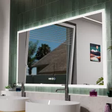 HD Verona 150 cm széles fali szögletes LED okostükör ambient világítással, érintőkapcsolóval, digitális órával és páramentesítő funkcióval