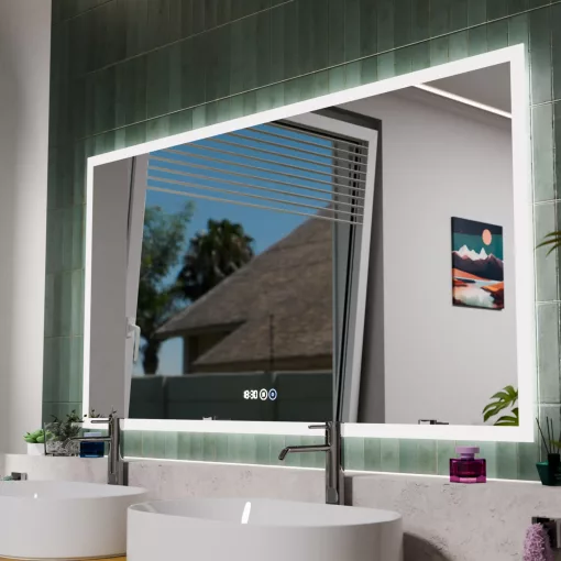 HD Verona 150 cm széles fali szögletes LED okostükör ambient világítással, érintőkapcsolóval, digitális órával és páramentesítő funkcióval