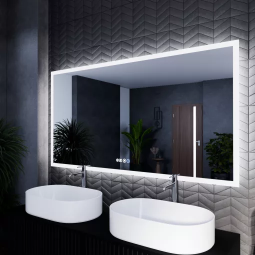 HD Verona 150 cm széles fali szögletes LED okostükör ambient világítással, érintőkapcsolóval, digitális órával és páramentesítő funkcióval