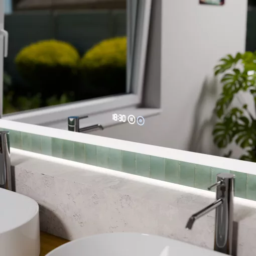 HD Verona 150 cm széles fali szögletes LED okostükör ambient világítással, érintőkapcsolóval, digitális órával és páramentesítő funkcióval