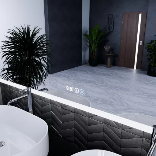 HD Verona 150 cm széles fali szögletes LED okostükör ambient világítással, érintőkapcsolóval, digitális órával és páramentesítő funkcióval
