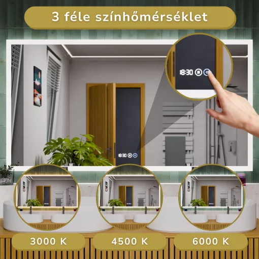 HD Verona 150 cm széles fali szögletes LED okostükör ambient világítással, érintőkapcsolóval, digitális órával és páramentesítő funkcióval
