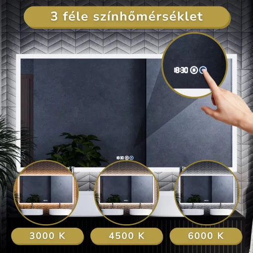 HD Verona 150 cm széles fali szögletes LED okostükör ambient világítással, érintőkapcsolóval, digitális órával és páramentesítő funkcióval