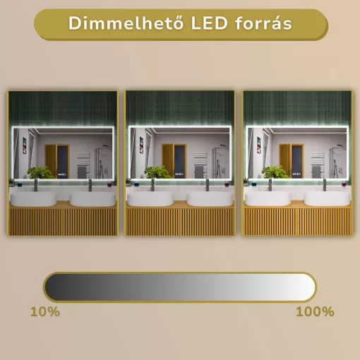 HD Verona 150 cm széles fali szögletes LED okostükör ambient világítással, érintőkapcsolóval, digitális órával és páramentesítő funkcióval