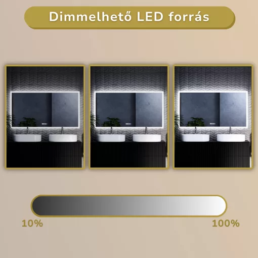 HD Verona 150 cm széles fali szögletes LED okostükör ambient világítással, érintőkapcsolóval, digitális órával és páramentesítő funkcióval