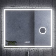 HD Genova 100 cm széles fali szögletes LED okostükör kozmetikai tükörrel, ambient világítással, érintőkapcsolóval, digitális órával és páramentesítő funkcióval