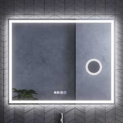   HD Genova 100 cm széles fali szögletes LED okostükör kozmetikai tükörrel, ambient világítással, érintőkapcsolóval, digitális órával és páramentesítő funkcióval