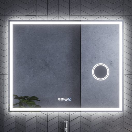 HD Genova 100 cm széles fali szögletes LED okostükör kozmetikai tükörrel, ambient világítással, érintőkapcsolóval, digitális órával és páramentesítő funkcióval