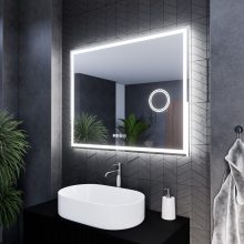 HD Genova 100 cm széles fali szögletes LED okostükör kozmetikai tükörrel, ambient világítással, érintőkapcsolóval, digitális órával és páramentesítő funkcióval