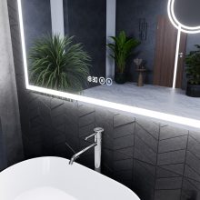 HD Genova 100 cm széles fali szögletes LED okostükör kozmetikai tükörrel, ambient világítással, érintőkapcsolóval, digitális órával és páramentesítő funkcióval