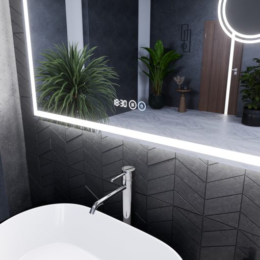 HD Genova 100 cm széles fali szögletes LED okostükör kozmetikai tükörrel, ambient világítással, érintőkapcsolóval, digitális órával és páramentesítő funkcióval