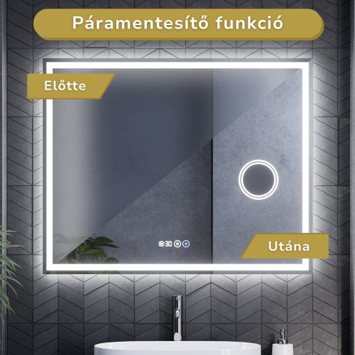 HD Genova 100 cm széles fali szögletes LED okostükör kozmetikai tükörrel, ambient világítással, érintőkapcsolóval, digitális órával és páramentesítő funkcióval