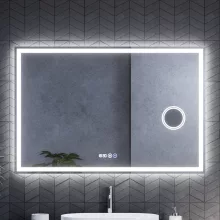HD Genova 120 cm széles fali szögletes LED okostükör kozmetikai tükörrel, ambient világítással, érintőkapcsolóval, digitális órával és páramentesítő funkcióval
