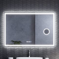   HD Genova 120 cm széles fali szögletes LED okostükör kozmetikai tükörrel, ambient világítással, érintőkapcsolóval, digitális órával és páramentesítő funkcióval