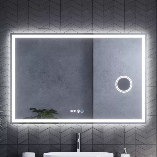 HD Genova 120 cm széles fali szögletes LED okostükör kozmetikai tükörrel, ambient világítással, érintőkapcsolóval, digitális órával és páramentesítő funkcióval