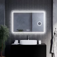 HD Genova 120 cm széles fali szögletes LED okostükör kozmetikai tükörrel, ambient világítással, érintőkapcsolóval, digitális órával és páramentesítő funkcióval