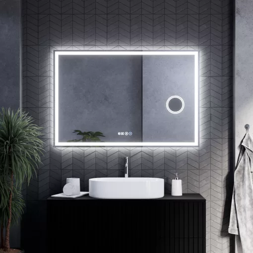 HD Genova 120 cm széles fali szögletes LED okostükör kozmetikai tükörrel, ambient világítással, érintőkapcsolóval, digitális órával és páramentesítő funkcióval