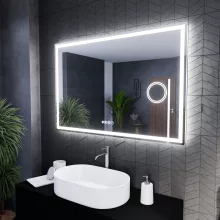 HD Genova 120 cm széles fali szögletes LED okostükör kozmetikai tükörrel, ambient világítással, érintőkapcsolóval, digitális órával és páramentesítő funkcióval