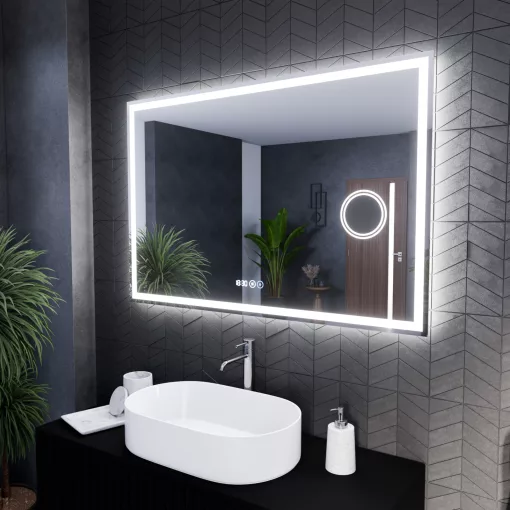 HD Genova 120 cm széles fali szögletes LED okostükör kozmetikai tükörrel, ambient világítással, érintőkapcsolóval, digitális órával és páramentesítő funkcióval