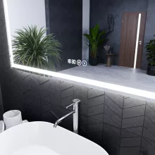 HD Genova 120 cm széles fali szögletes LED okostükör kozmetikai tükörrel, ambient világítással, érintőkapcsolóval, digitális órával és páramentesítő funkcióval