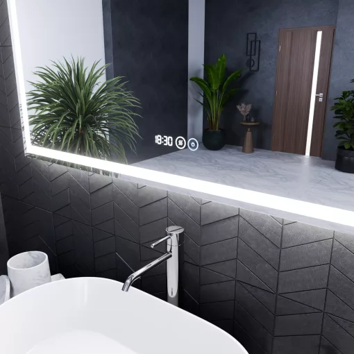 HD Genova 120 cm széles fali szögletes LED okostükör kozmetikai tükörrel, ambient világítással, érintőkapcsolóval, digitális órával és páramentesítő funkcióval