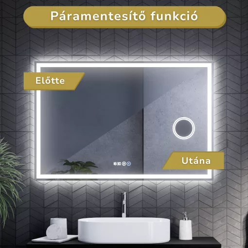 HD Genova 120 cm széles fali szögletes LED okostükör kozmetikai tükörrel, ambient világítással, érintőkapcsolóval, digitális órával és páramentesítő funkcióval