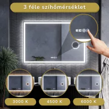HD Genova 120 cm széles fali szögletes LED okostükör kozmetikai tükörrel, ambient világítással, érintőkapcsolóval, digitális órával és páramentesítő funkcióval