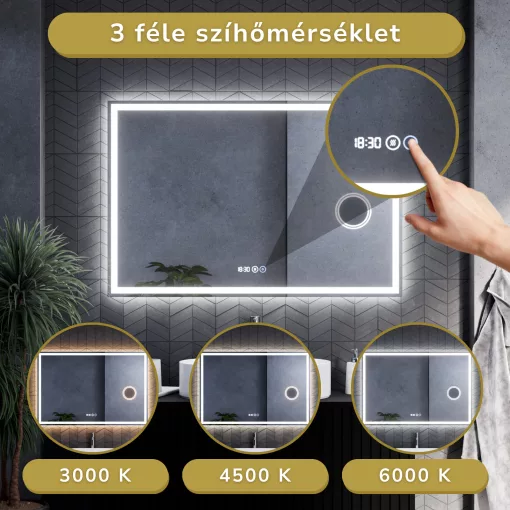 HD Genova 120 cm széles fali szögletes LED okostükör kozmetikai tükörrel, ambient világítással, érintőkapcsolóval, digitális órával és páramentesítő funkcióval