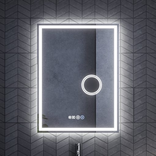 HD Genova 60 cm széles fali szögletes LED okostükör kozmetikai tükörrel, ambient világítással, érintőkapcsolóval, digitális órával és páramentesítő funkcióval