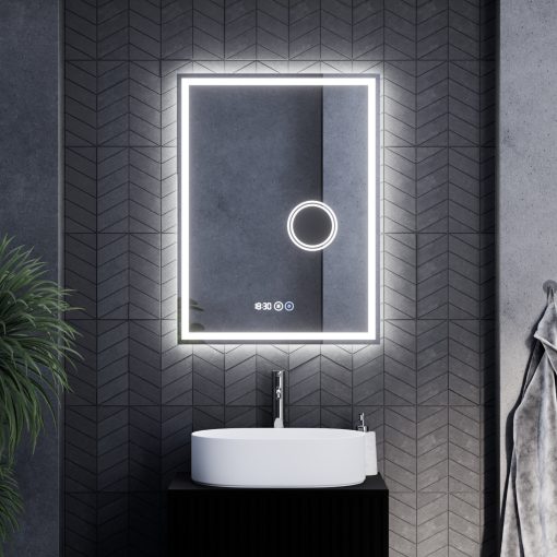 HD Genova 60 cm széles fali szögletes LED okostükör kozmetikai tükörrel, ambient világítással, érintőkapcsolóval, digitális órával és páramentesítő funkcióval