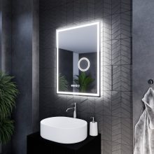 HD Genova 60 cm széles fali szögletes LED okostükör kozmetikai tükörrel, ambient világítással, érintőkapcsolóval, digitális órával és páramentesítő funkcióval