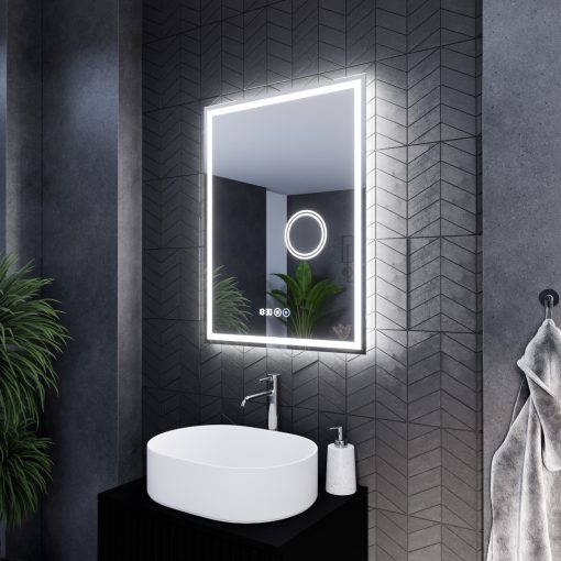 HD Genova 60 cm széles fali szögletes LED okostükör kozmetikai tükörrel, ambient világítással, érintőkapcsolóval, digitális órával és páramentesítő funkcióval
