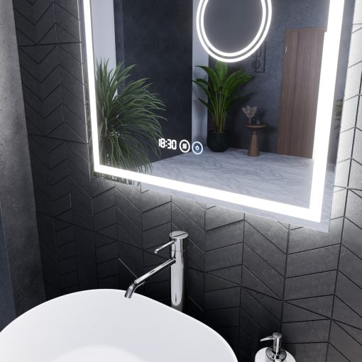 HD Genova 60 cm széles fali szögletes LED okostükör kozmetikai tükörrel, ambient világítással, érintőkapcsolóval, digitális órával és páramentesítő funkcióval