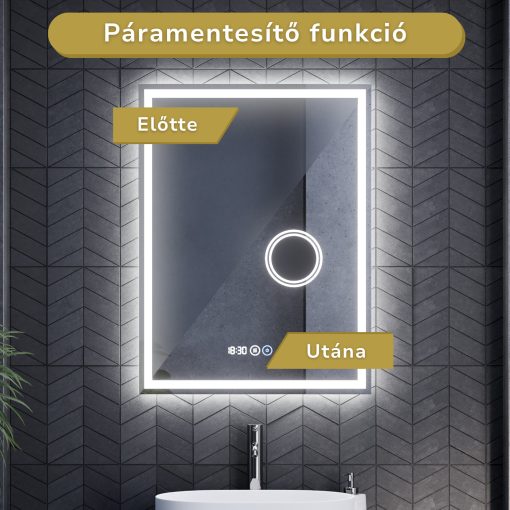 HD Genova 60 cm széles fali szögletes LED okostükör kozmetikai tükörrel, ambient világítással, érintőkapcsolóval, digitális órával és páramentesítő funkcióval