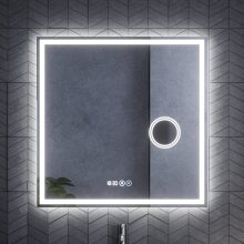 HD Genova 80 cm széles fali szögletes LED okostükör kozmetikai tükörrel, ambient világítással, érintőkapcsolóval, digitális órával és páramentesítő funkcióval