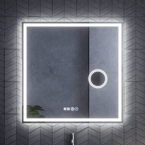 HD Genova 80 cm széles fali szögletes LED okostükör kozmetikai tükörrel, ambient világítással, érintőkapcsolóval, digitális órával és páramentesítő funkcióval
