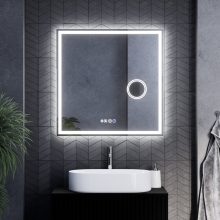 HD Genova 80 cm széles fali szögletes LED okostükör kozmetikai tükörrel, ambient világítással, érintőkapcsolóval, digitális órával és páramentesítő funkcióval