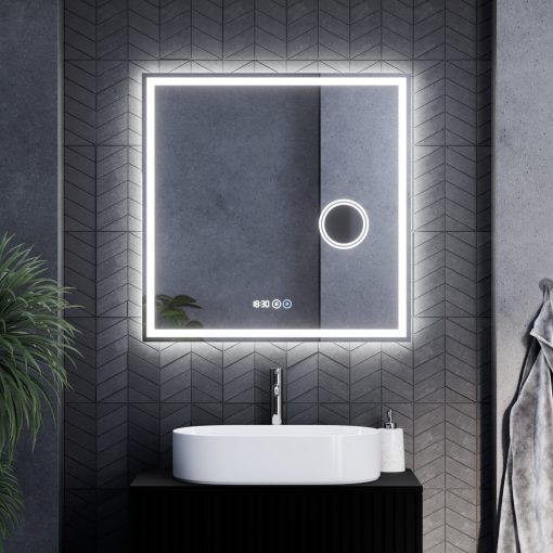HD Genova 80 cm széles fali szögletes LED okostükör kozmetikai tükörrel, ambient világítással, érintőkapcsolóval, digitális órával és páramentesítő funkcióval