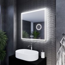 HD Genova 80 cm széles fali szögletes LED okostükör kozmetikai tükörrel, ambient világítással, érintőkapcsolóval, digitális órával és páramentesítő funkcióval