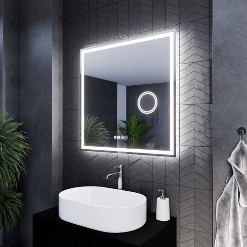 HD Genova 80 cm széles fali szögletes LED okostükör kozmetikai tükörrel, ambient világítással, érintőkapcsolóval, digitális órával és páramentesítő funkcióval