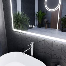HD Genova 80 cm széles fali szögletes LED okostükör kozmetikai tükörrel, ambient világítással, érintőkapcsolóval, digitális órával és páramentesítő funkcióval