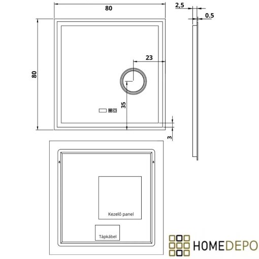 HD Genova 80 cm széles fali szögletes LED okostükör kozmetikai tükörrel, ambient világítással, érintőkapcsolóval, digitális órával és páramentesítő funkcióval