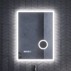   HD Arezzo 60 cm széles fali szögletes LED okostükör kozmetikai tükörrel, ambient világítással, érintőkapcsolóval, digitális órával és páramentesítő funkcióval