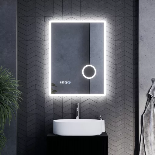 HD Arezzo 60 cm széles fali szögletes LED okostükör kozmetikai tükörrel, ambient világítással, érintőkapcsolóval, digitális órával és páramentesítő funkcióval