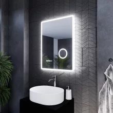 HD Arezzo 60 cm széles fali szögletes LED okostükör kozmetikai tükörrel, ambient világítással, érintőkapcsolóval, digitális órával és páramentesítő funkcióval