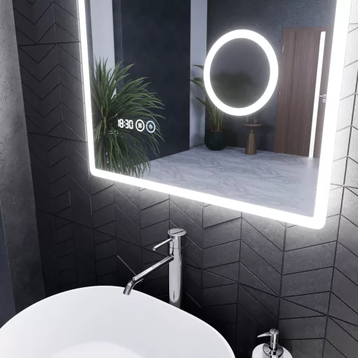 HD Arezzo 60 cm széles fali szögletes LED okostükör kozmetikai tükörrel, ambient világítással, érintőkapcsolóval, digitális órával és páramentesítő funkcióval