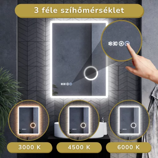 HD Arezzo 60 cm széles fali szögletes LED okostükör kozmetikai tükörrel, ambient világítással, érintőkapcsolóval, digitális órával és páramentesítő funkcióval