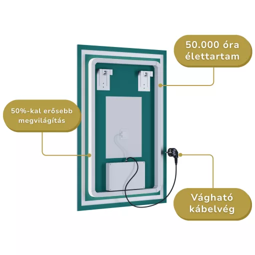 HD Arezzo 60 cm széles fali szögletes LED okostükör kozmetikai tükörrel, ambient világítással, érintőkapcsolóval, digitális órával és páramentesítő funkcióval